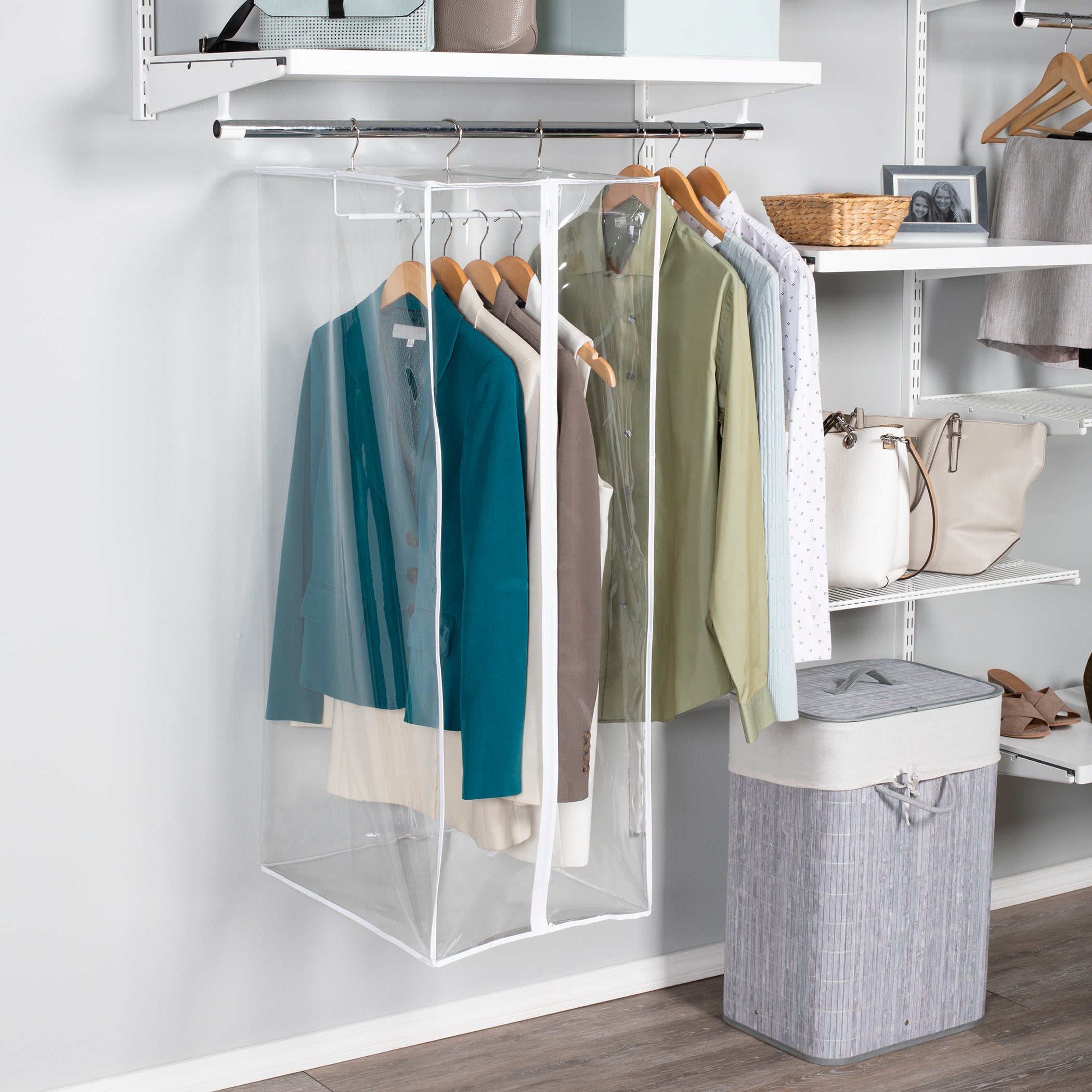 Garment Bag - Clear Hanging Closet Organizer - Durable Zippered Cover with Rod Protects Dresses, Suits, and Jackets from Dust and Moist- Top Metal Frame to Keep All Your Stuff in Shape- 42" x 20" x 15