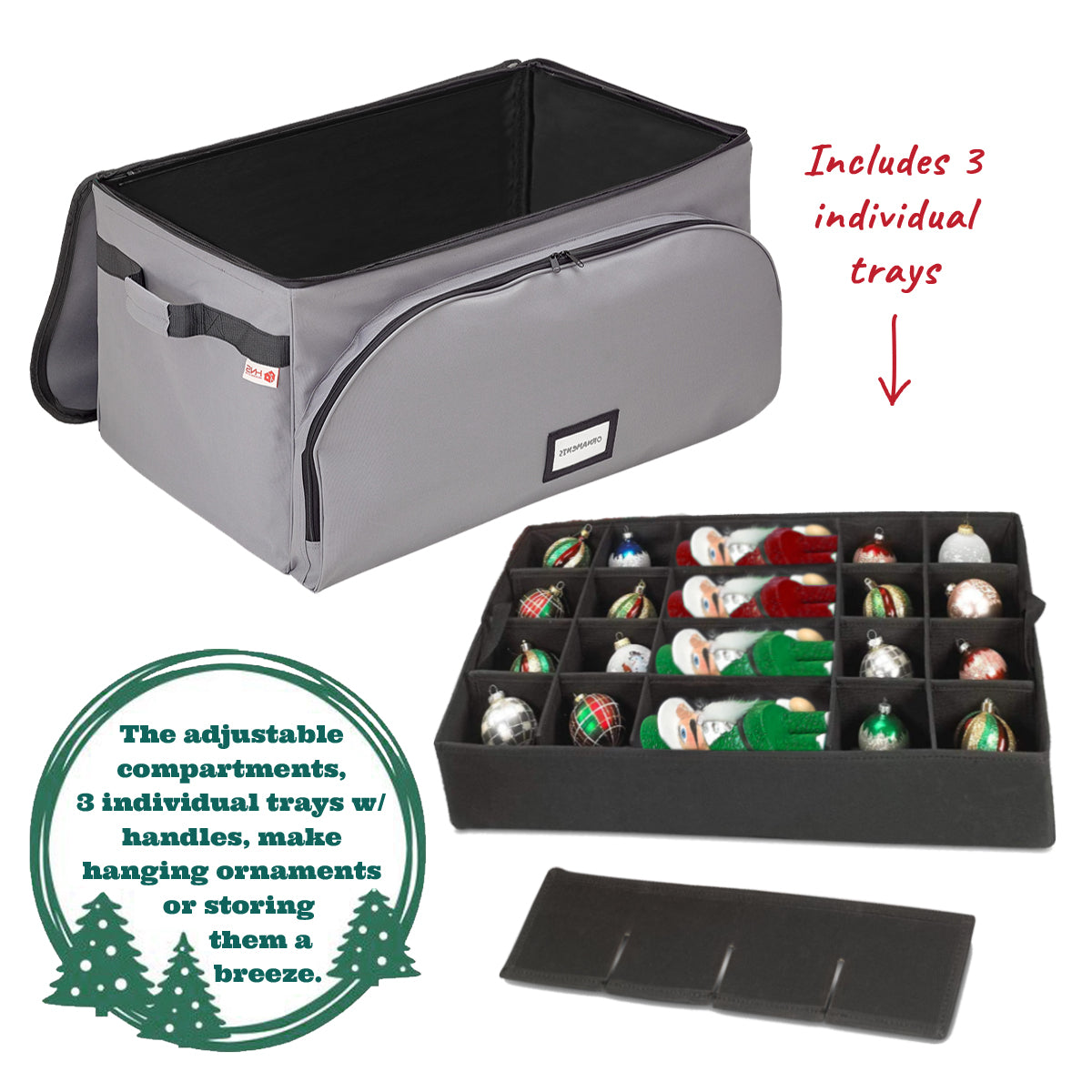 Christmas Ornament Storage Containers – Holds Up to 72- 4” ornaments Durable 600D Fabric - Adjustable Dividers - 3 Individual Trays – Metal Frame