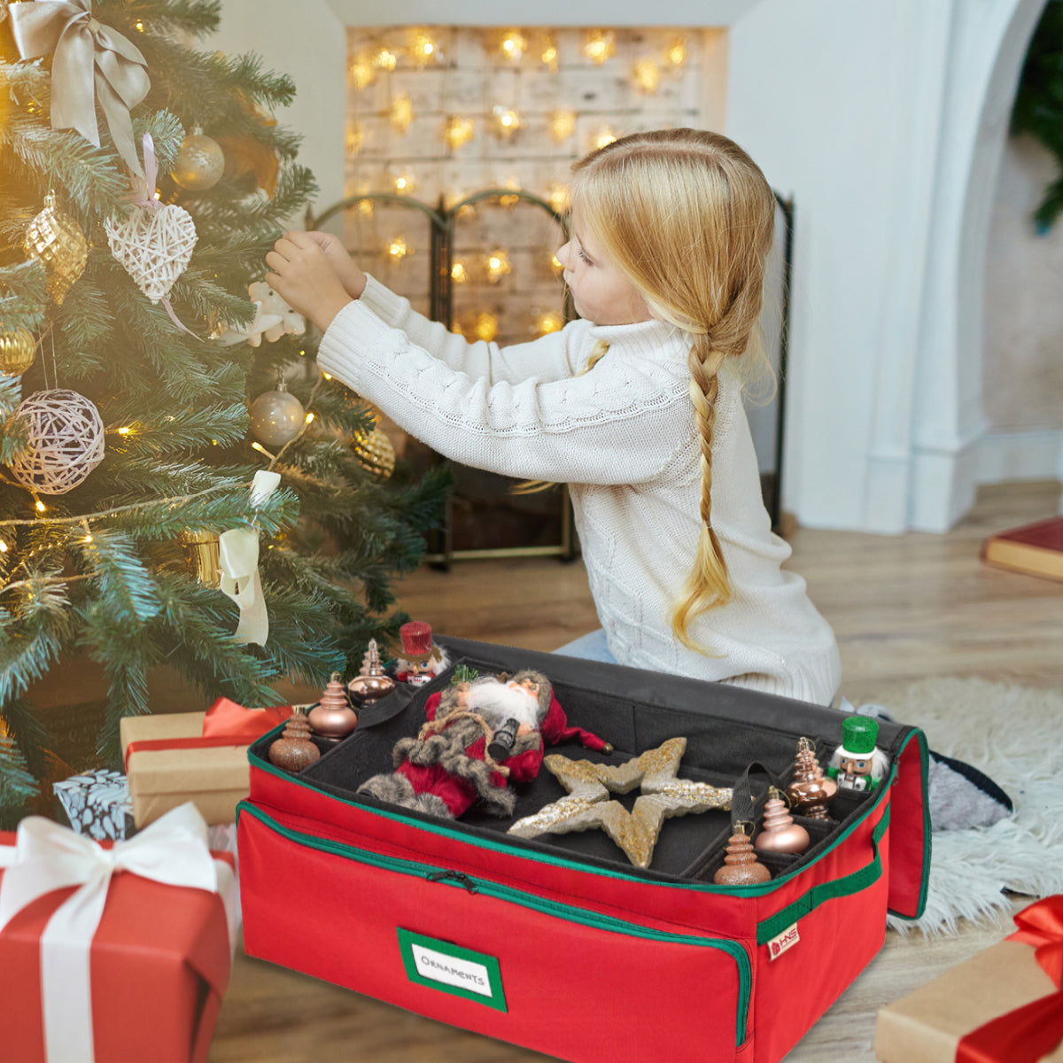 Christmas Ornament Storage Box - Hold Up to 72 - 3 Inch Ornaments, + 8 Side Slots for Figurines, Nutcrackers, etc. Decoration Organizer - 600D Canvas.