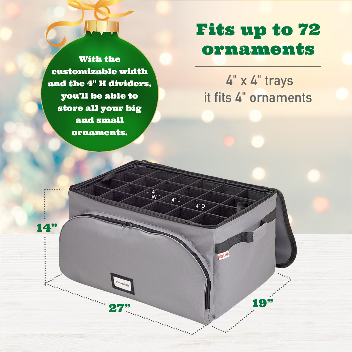 Christmas Ornament Storage Containers – Holds Up to 72- 4” ornaments Durable 600D Fabric - Adjustable Dividers - 3 Individual Trays – Metal Frame