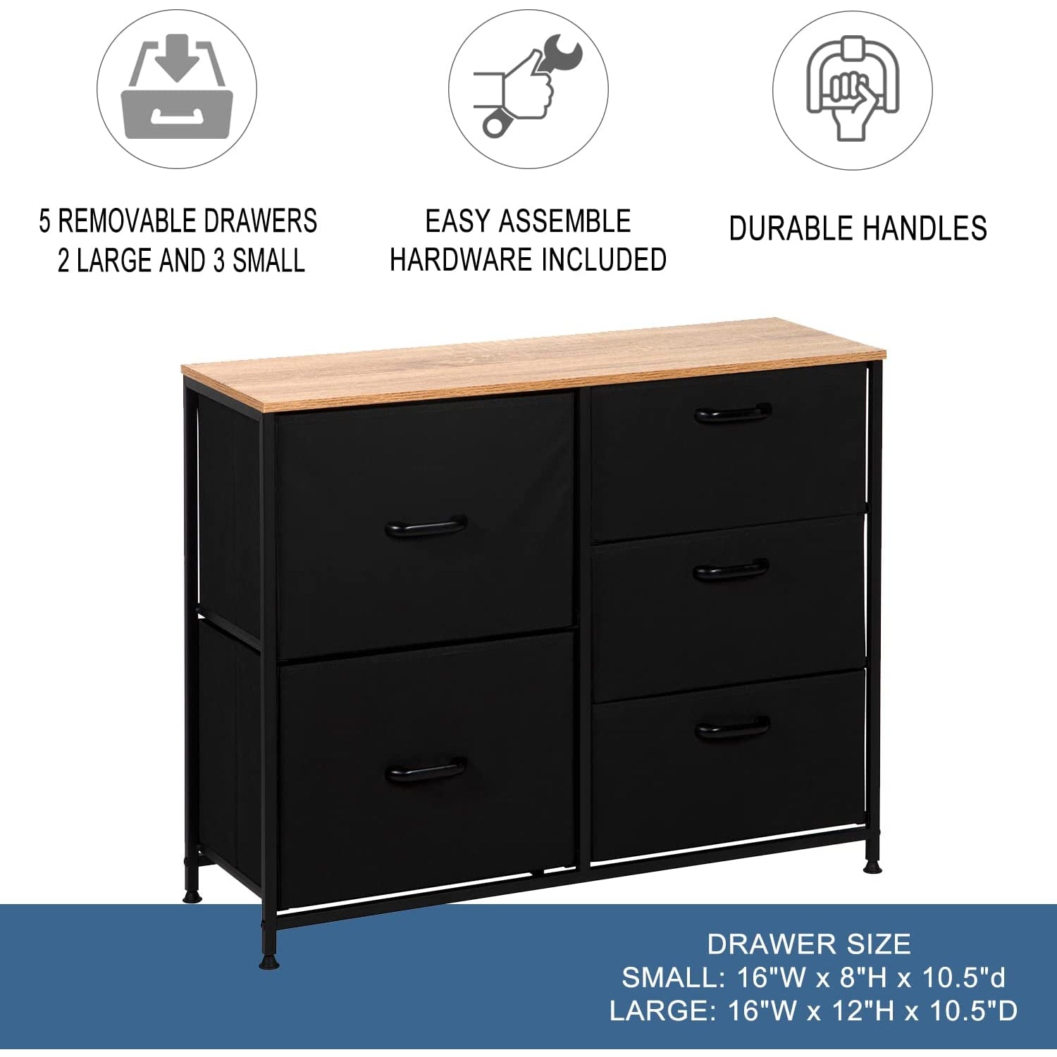 Fabric Dresser – 5 Drawers for Clothes, Toys, etc. – Durable Handles, 2 Big Drawers, 3 Smaller Clothes Drawers – Perfect for College Dorm Room, Home, Office, Nursery - Closet Dresser – Kids Dresser
