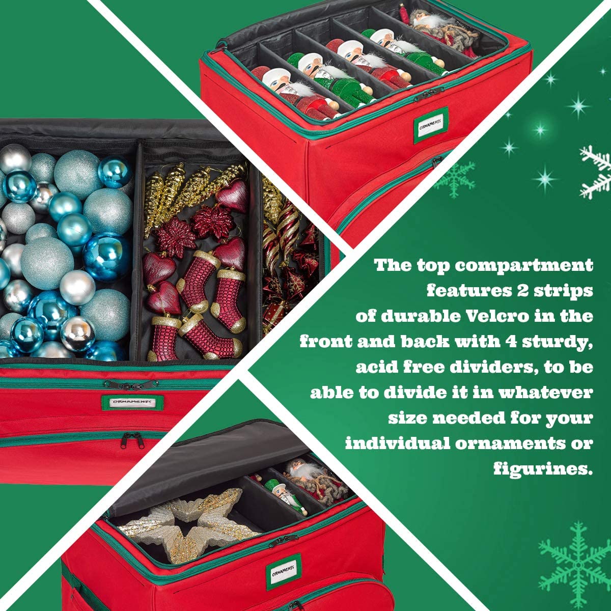 Christmas Ornament Storage Box - Holds Up to 72 Ornaments 4” x 4” Adjustable Compartments for Figurines, Nutcrackers, etc. - 600D/ Inside PVC Material
