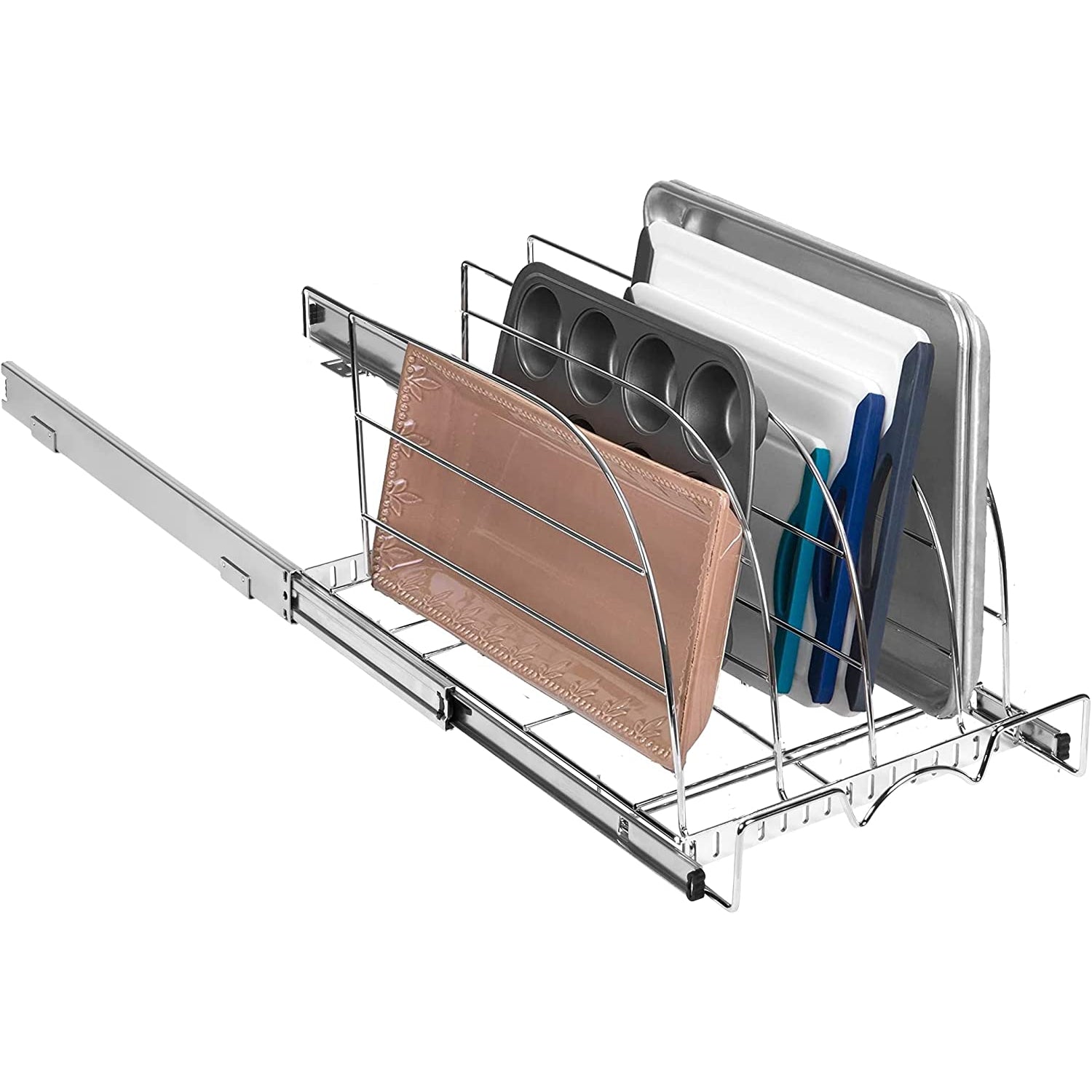 Pull Out Organizer for Cookie Sheet, Cutting Board, Bakeware, and Tray, Sliding Rack- Heavy Duty-5 Year Limited Warranty - for Under Sink / Under Cabinet, , Chrome