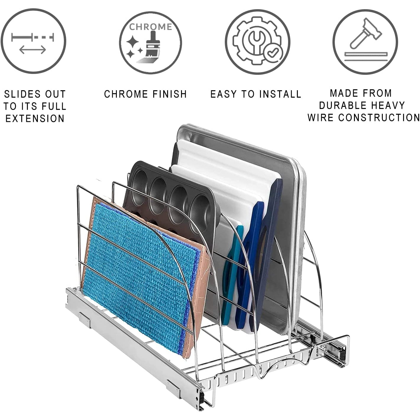 Pull Out Organizer for Cookie Sheet, Cutting Board, Bakeware, and Tray, Sliding Rack- Heavy Duty-5 Year Limited Warranty - for Under Sink / Under Cabinet, , Chrome