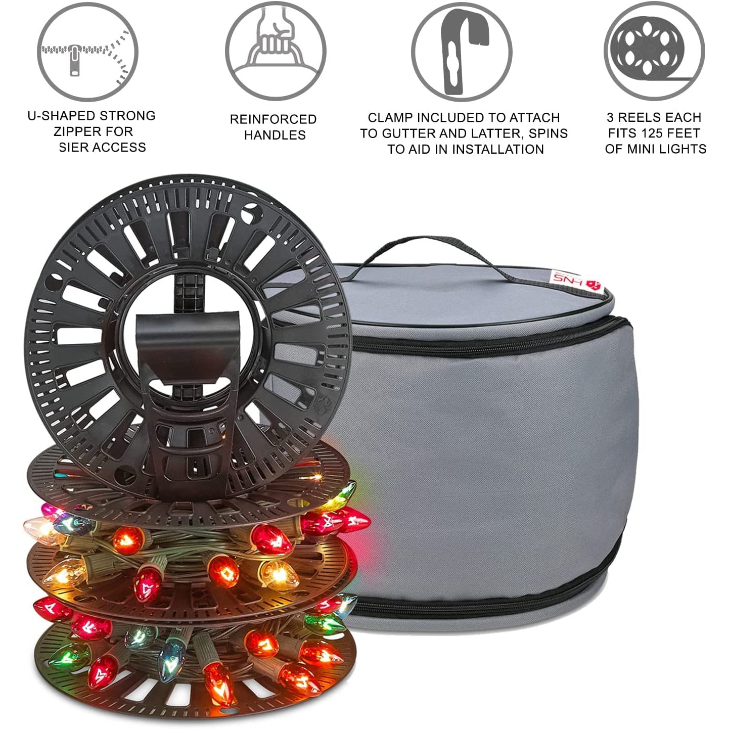 Premium Christmas Light Storage Bag – Heavy Duty Tear Proof 600D/Inside PVC Material with Reinforced Handles - With 3 Reels Stores up to 375 Ft of Mini Christmas Tree Lights & Extension Cords