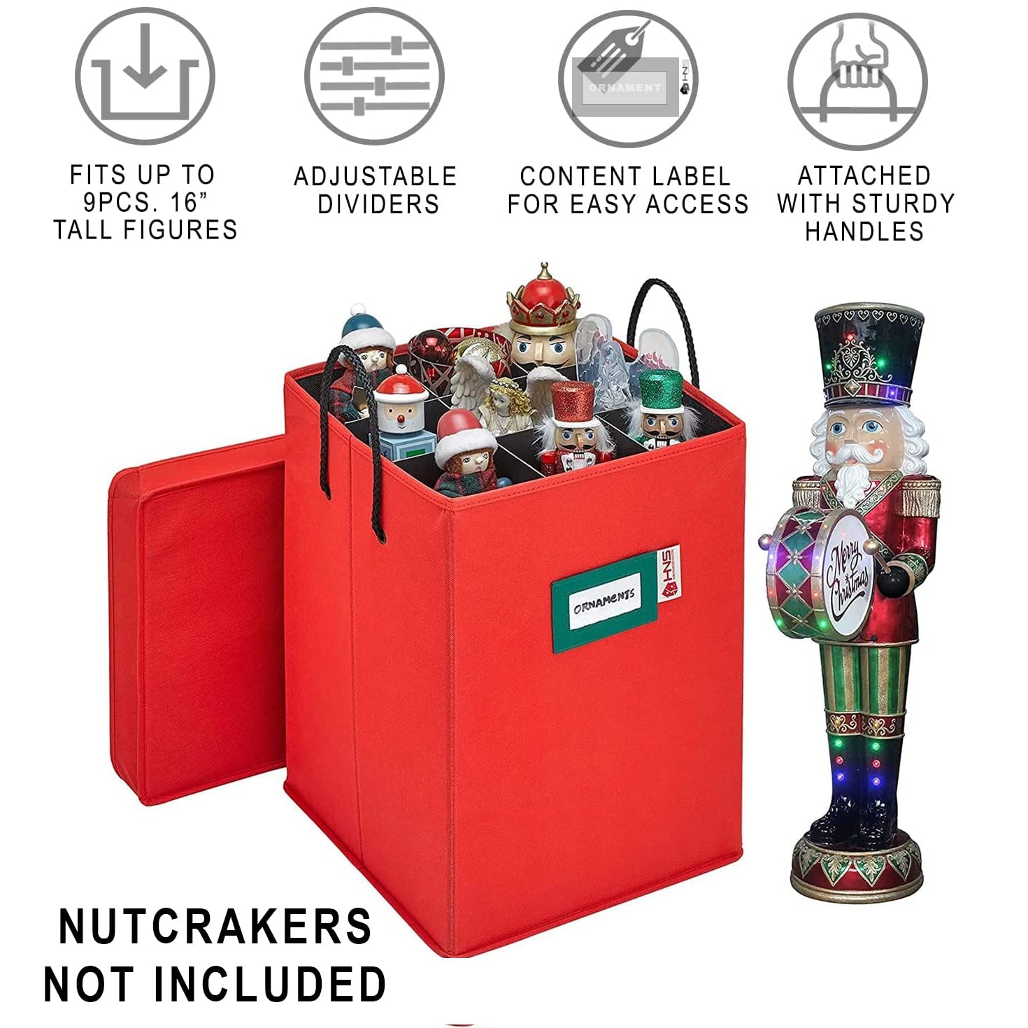 Christmas Nutcracker and Figurine Collectible Storage Box - Stores Up to 9 - 16-inch Tall Nutcrackers, Ornaments, and More - With Adjustable Dividers