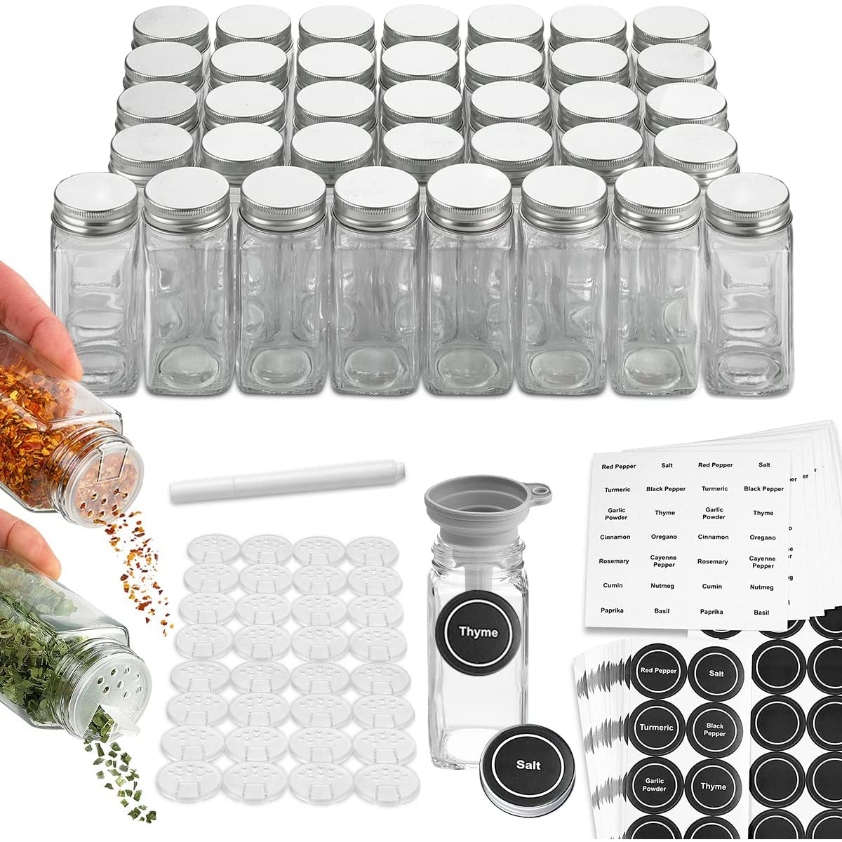 Spice Bottles Empty Glass with Labels 4 oz -  Spice Jars, Spice Container Shaker Lids, Airtight Metal Caps and Chalkboard/Clear PVC Seasoning Labels, Chalk Marker & Collapsible Funnel