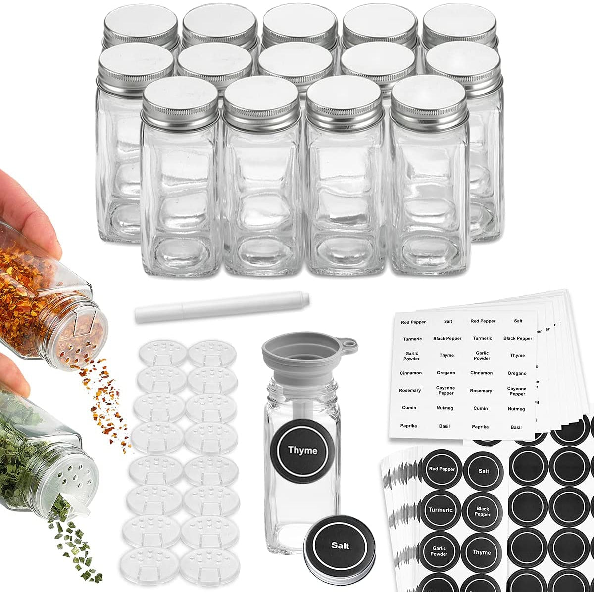 Paris Hilton Glass Spice Jar Storage Set, 4-Ounce Empty Spice Jars with Labels, Shaker Caps and Metal Lids, Collapsible Funnel Included, 25-Piece