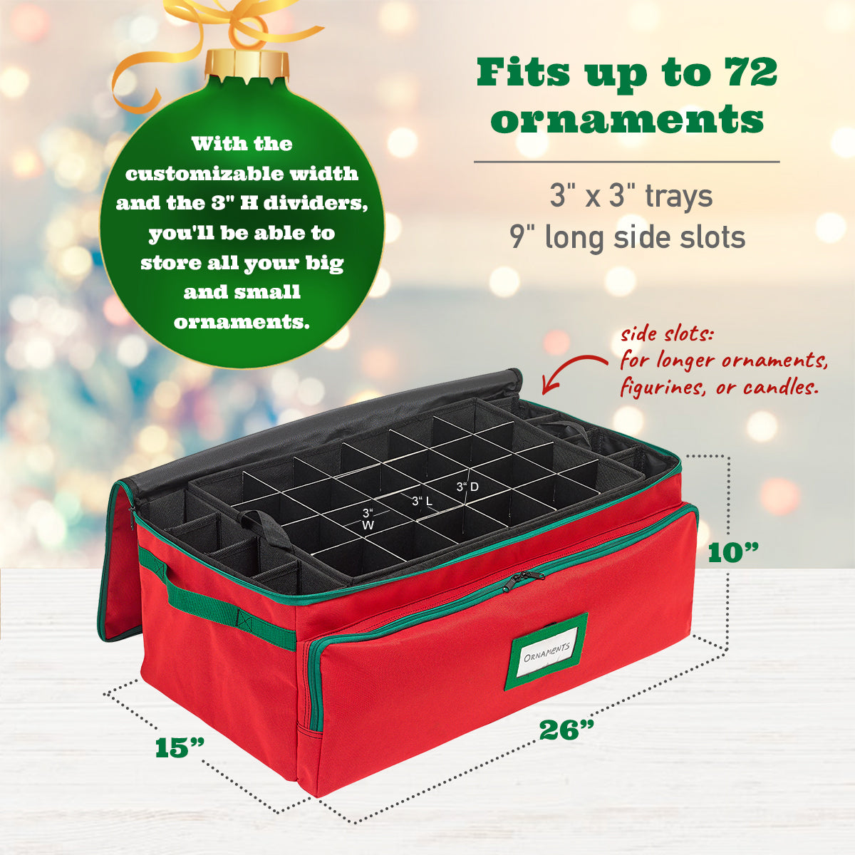 Christmas Ornament Storage Box - Hold Up to 72 - 3 Inch Ornaments, + 8 Side Slots for Figurines, Nutcrackers, etc. Decoration Organizer - 600D Canvas.