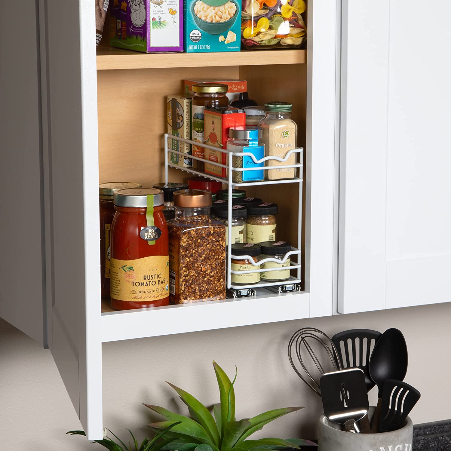Spice Rack Organizer for Cabinet, Heavy Duty - Pull Out Spice Rack 5 Year Warranty, White Finish