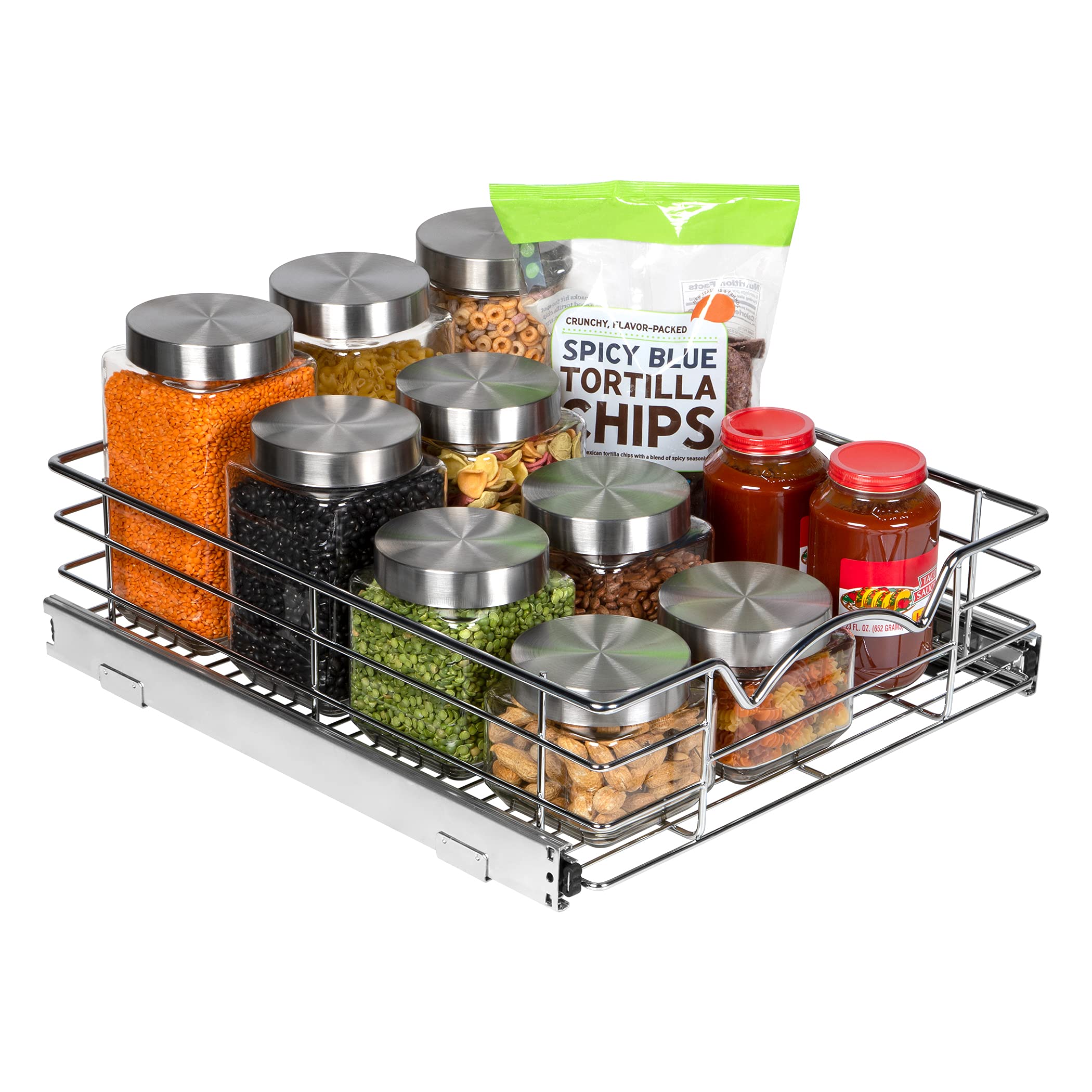 Pull Out Cabinet Organizer - Pantry Drawer Slide Out Caddy with Heavy Gauge Metal Wire, Anti-Rust Chrome Finish