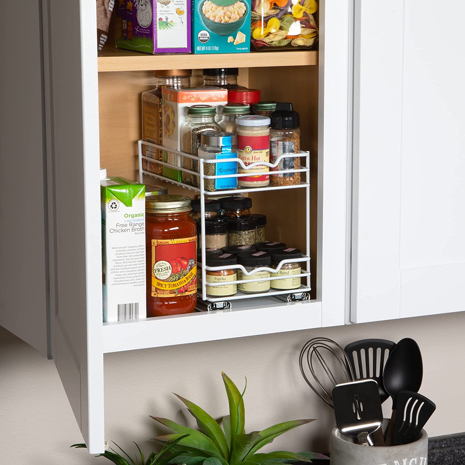 Spice Rack Organizer for Cabinet, Heavy Duty - Pull Out Spice Rack 5 Year Warranty, White Finish