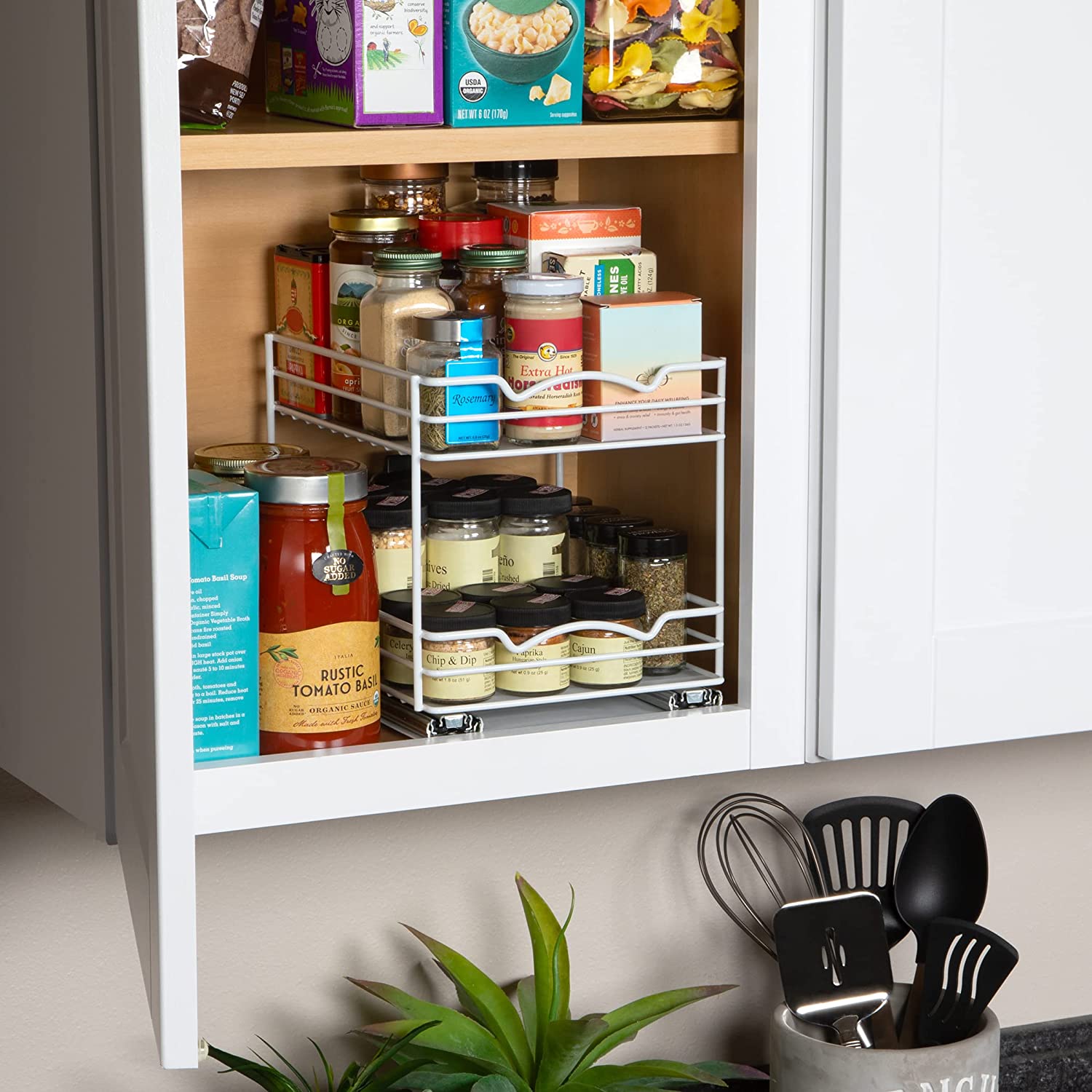 Spice Rack Organizer for Cabinet, Heavy Duty - Pull Out Spice Rack 5 Year Warranty, White Finish