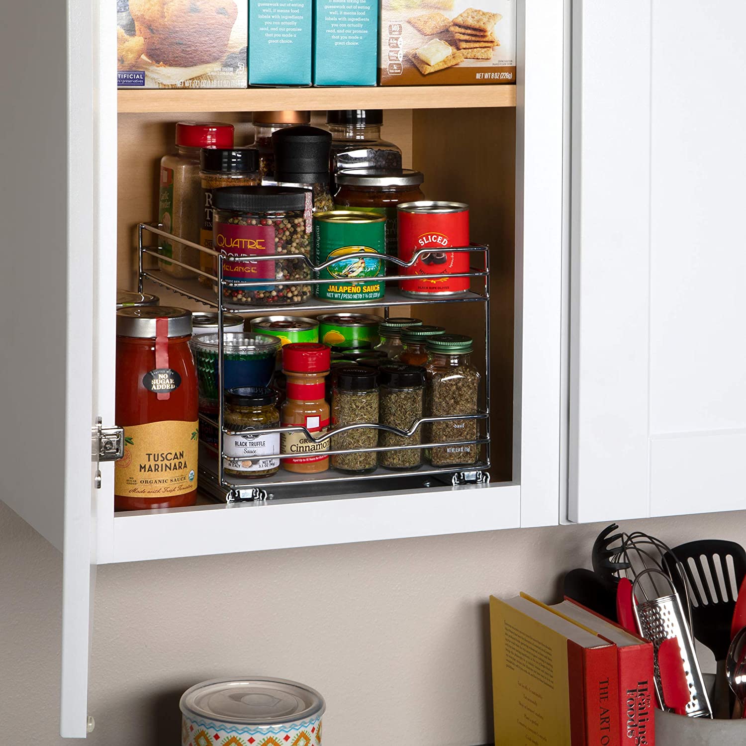 Pull Out Cabinet Organizer for Spices, Cans 2 Tier - Heavy Duty with Lifetime Limited Warranty