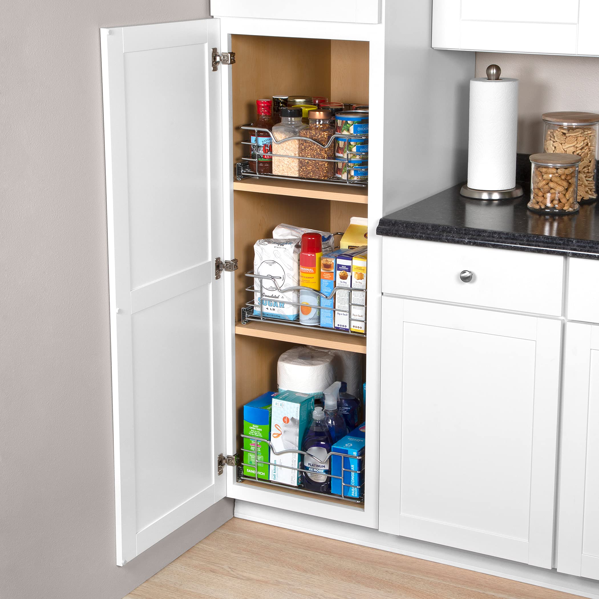 Pull Out Cabinet Organizer - Pantry Drawer Slide Out Caddy with Heavy Gauge Metal Wire, Anti-Rust Chrome Finish