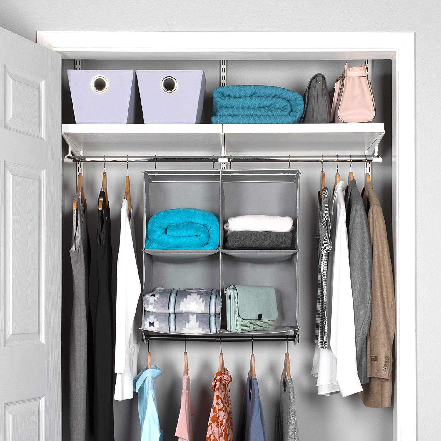 Hanging Closet Organizers - Closet Storage and RV Closet Organizer - Grey with Black Metal Rod - 3 Shelves