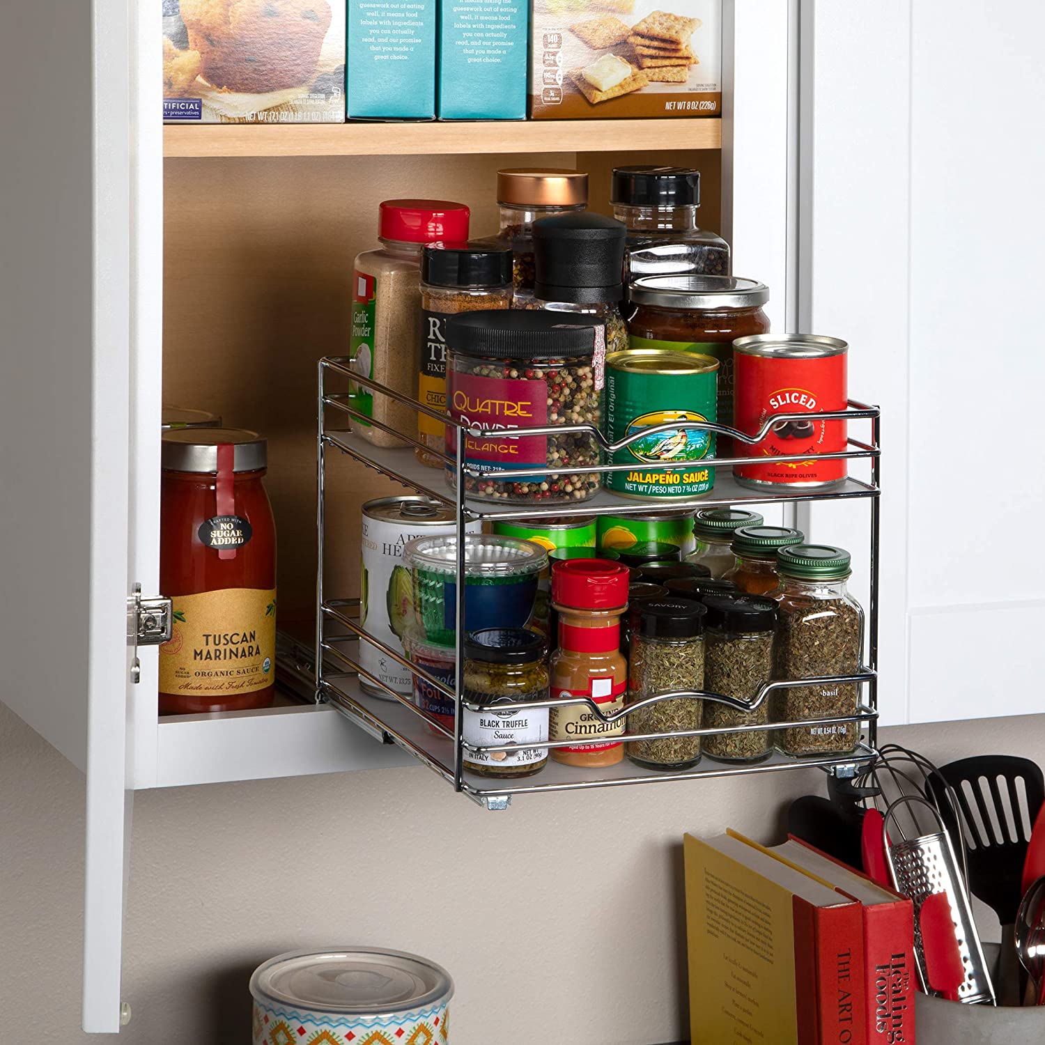 Pull Out Cabinet Organizer for Spices, Cans 2 Tier - Heavy Duty with Lifetime Limited Warranty