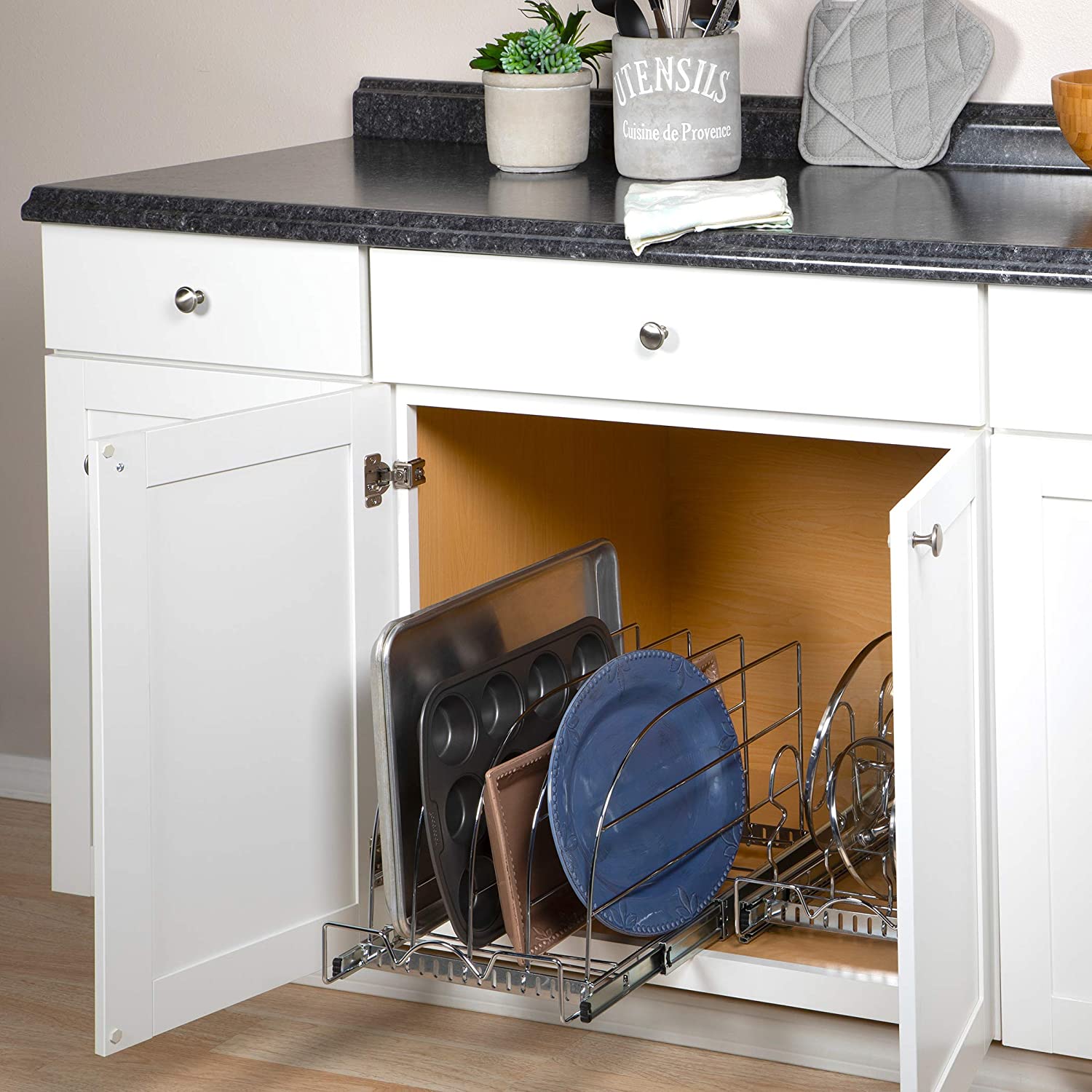 Pull Out Organizer for Cookie Sheet, Cutting Board, Bakeware, and Tray, Sliding Rack- Heavy Duty-5 Year Limited Warranty - for Under Sink / Under Cabinet, , Chrome