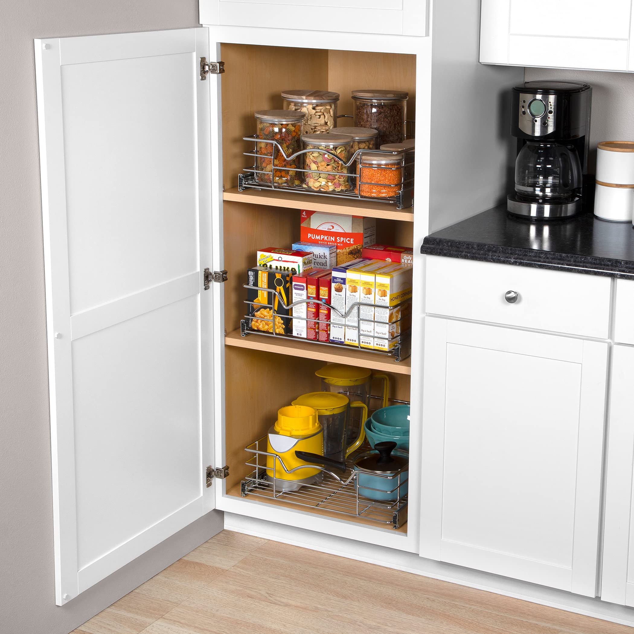 Pull Out Cabinet Organizer - Pantry Drawer Slide Out Caddy with Heavy Gauge Metal Wire, Anti-Rust Chrome Finish