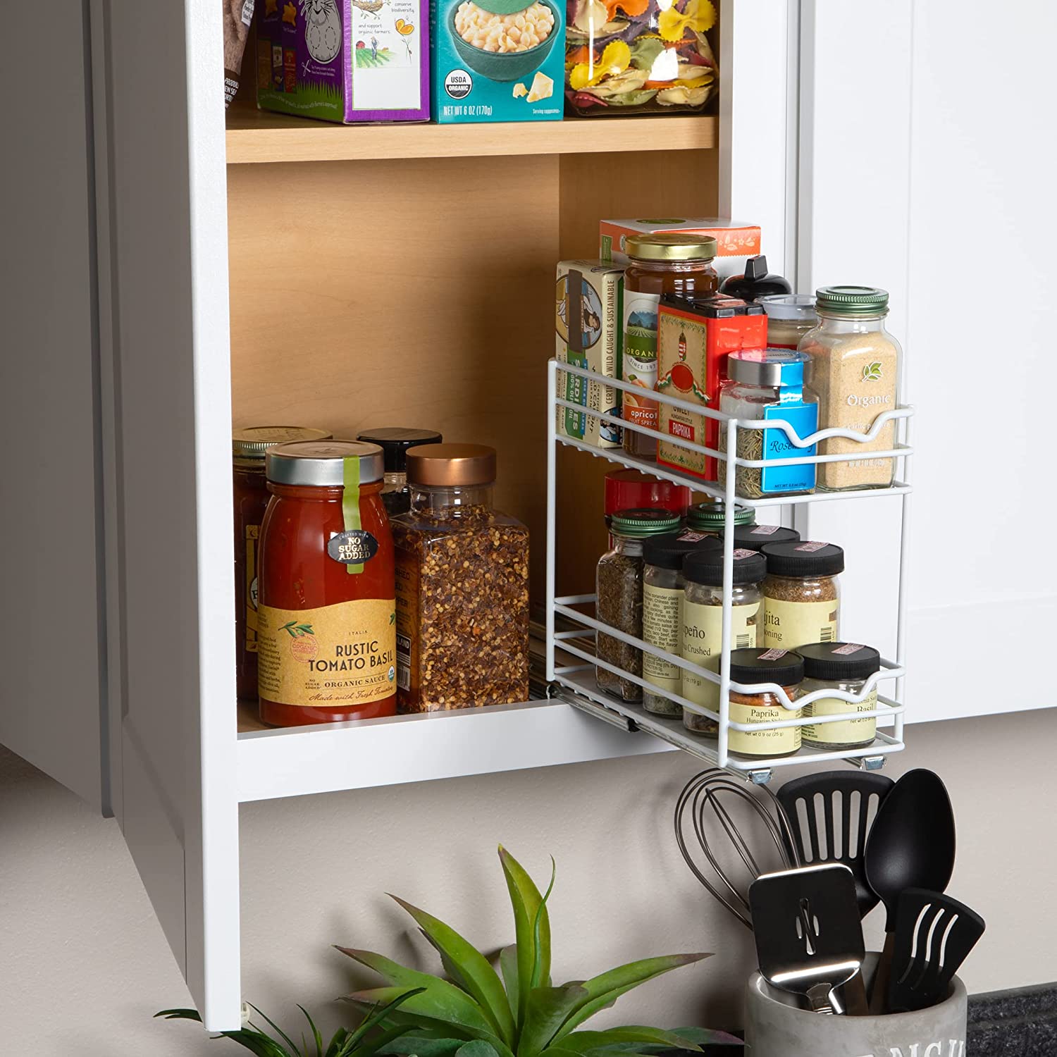 Spice Rack Organizer for Cabinet, Heavy Duty - Pull Out Spice Rack 5 Year Warranty, White Finish
