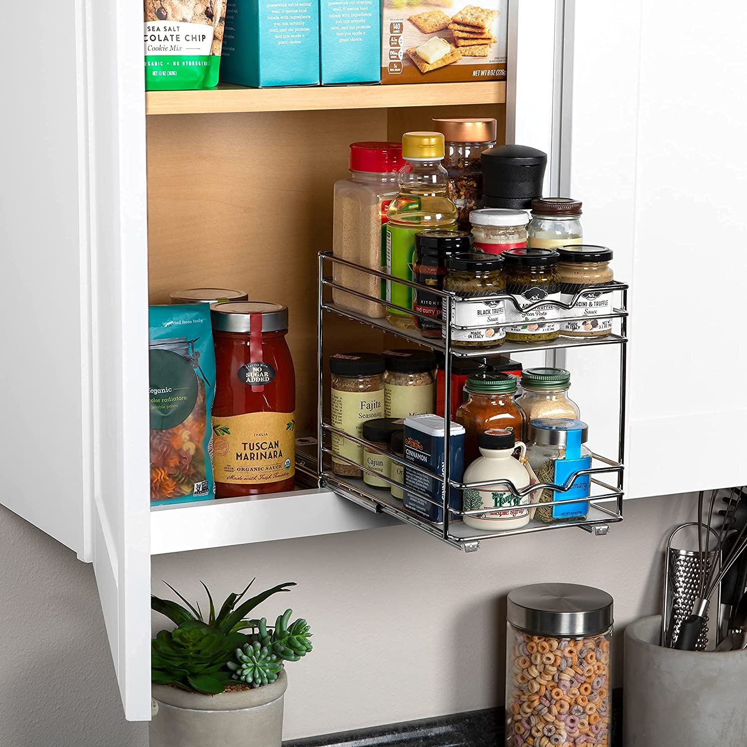 Pull Out Cabinet Organizer for Spices, Cans 2 Tier - Heavy Duty with Lifetime Limited Warranty