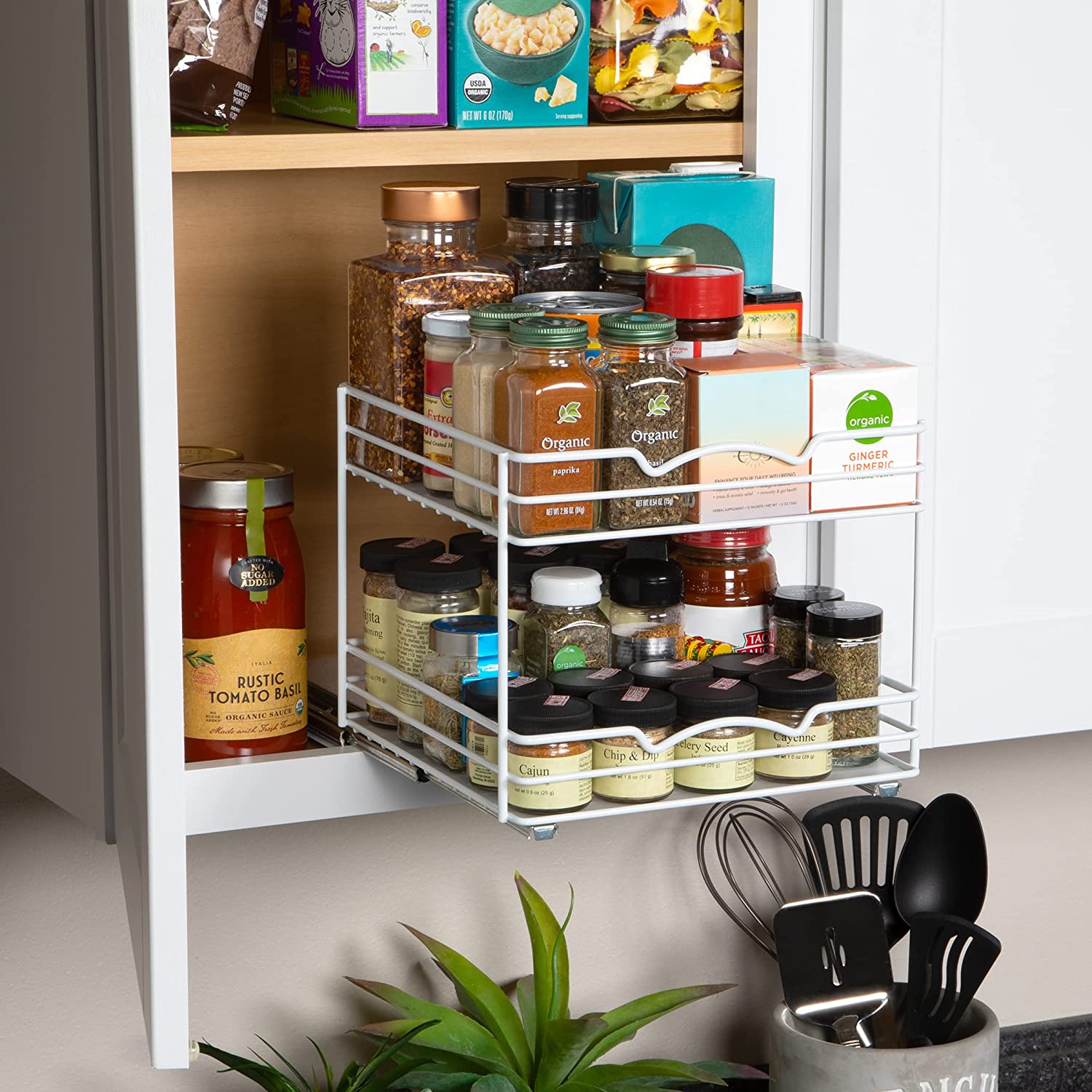 Spice Rack Organizer for Cabinet, Heavy Duty - Pull Out Spice Rack 5 Year Warranty, White Finish