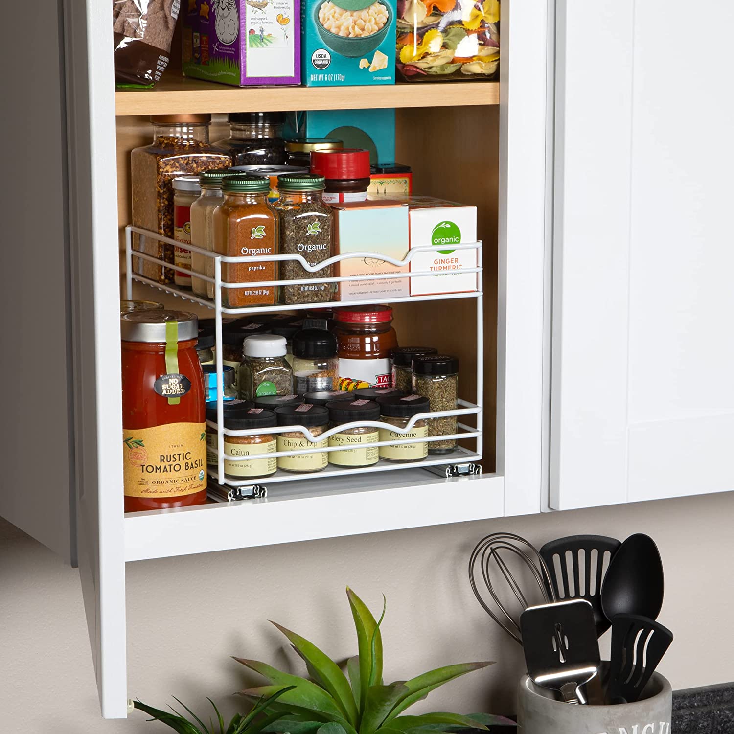 Spice Rack Organizer for Cabinet, Heavy Duty - Pull Out Spice Rack 5 Year Warranty, White Finish