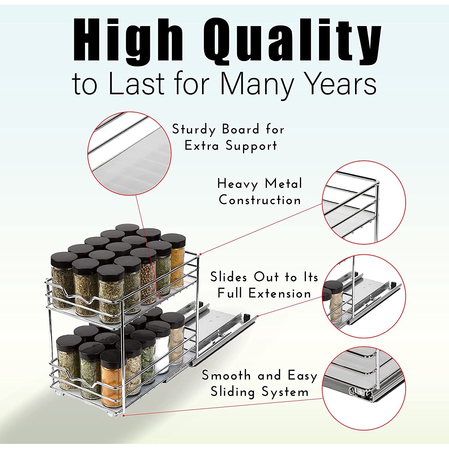 Spice Rack Organizer for Cabinet, Heavy Duty - Pull Out Spice Rack 5 Year Warranty, Chrome Finish