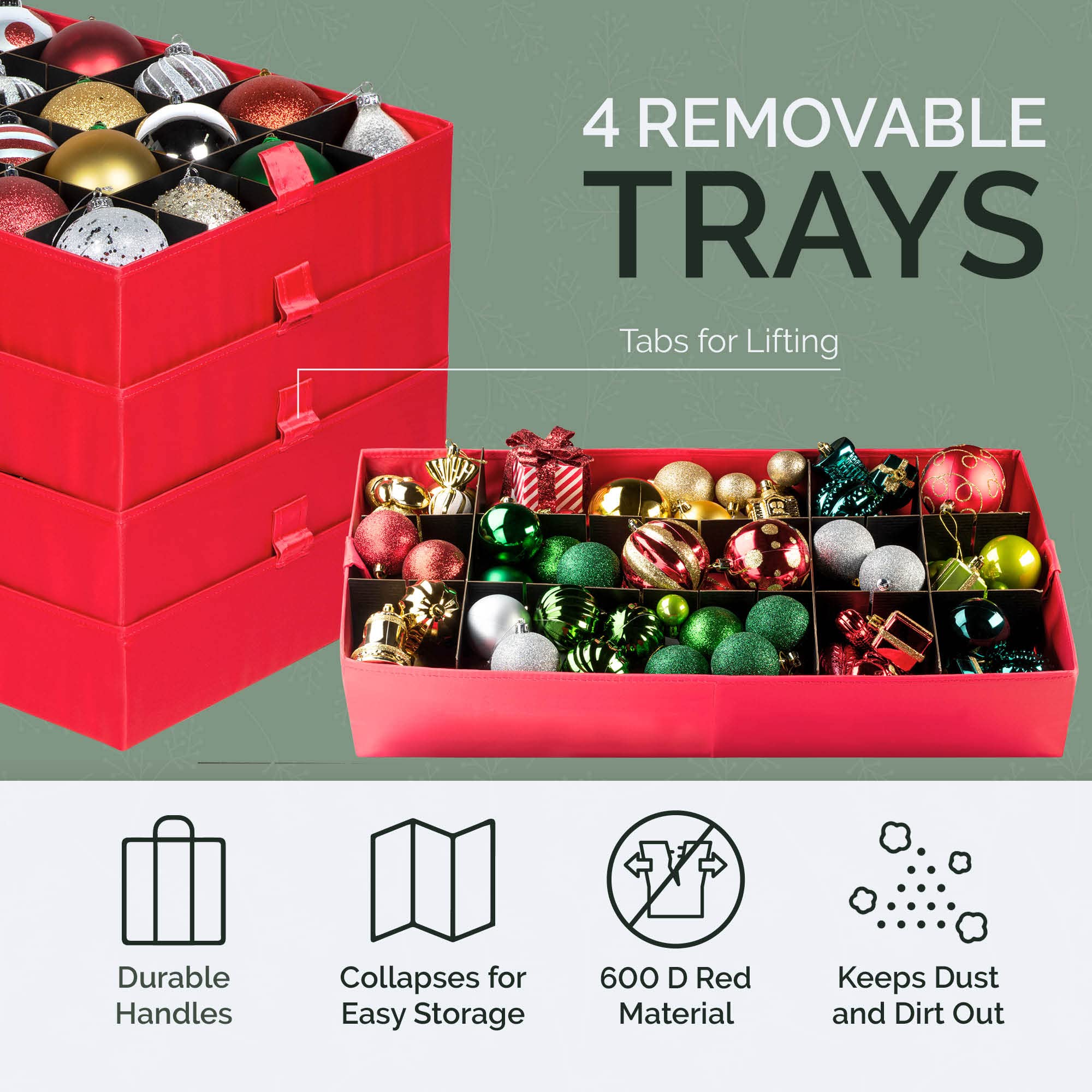 Christmas Ornament Storage Container - With Individual Trays -Heavy Duty 600D Tear Resistant Material, Zippered, Adjustable Dividers - Large