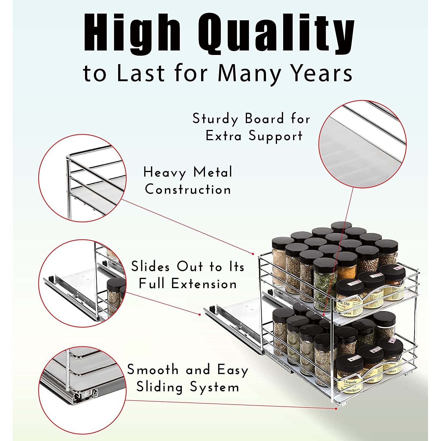 Spice Rack Organizer for Cabinet, Heavy Duty - Pull Out Spice Rack 5 Year Warranty, Chrome Finish