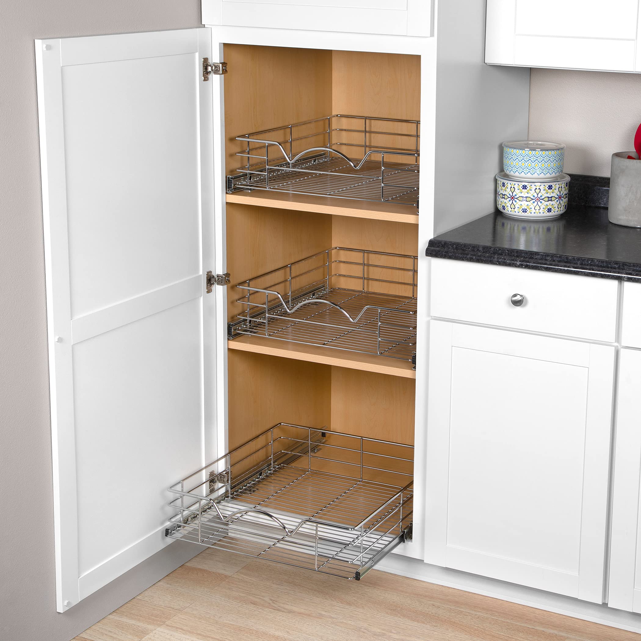 Pull Out Cabinet Organizer - Pantry Drawer Slide Out Caddy with Heavy Gauge Metal Wire, Anti-Rust Chrome Finish