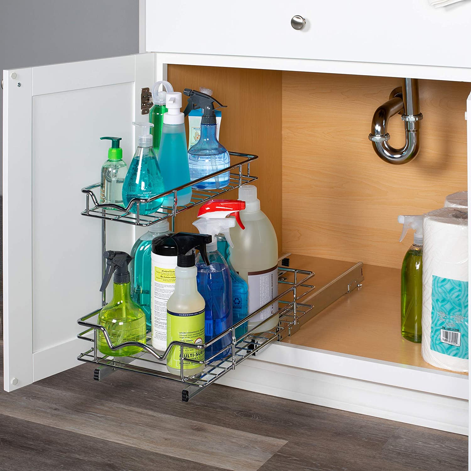 Under Sink Organizer and Storage, Auledio Under the Sink Organizer Pull Out  Cabinet Organizer, 2 Tier Under Cabinet Storage Chrome Cabinet Pull Out