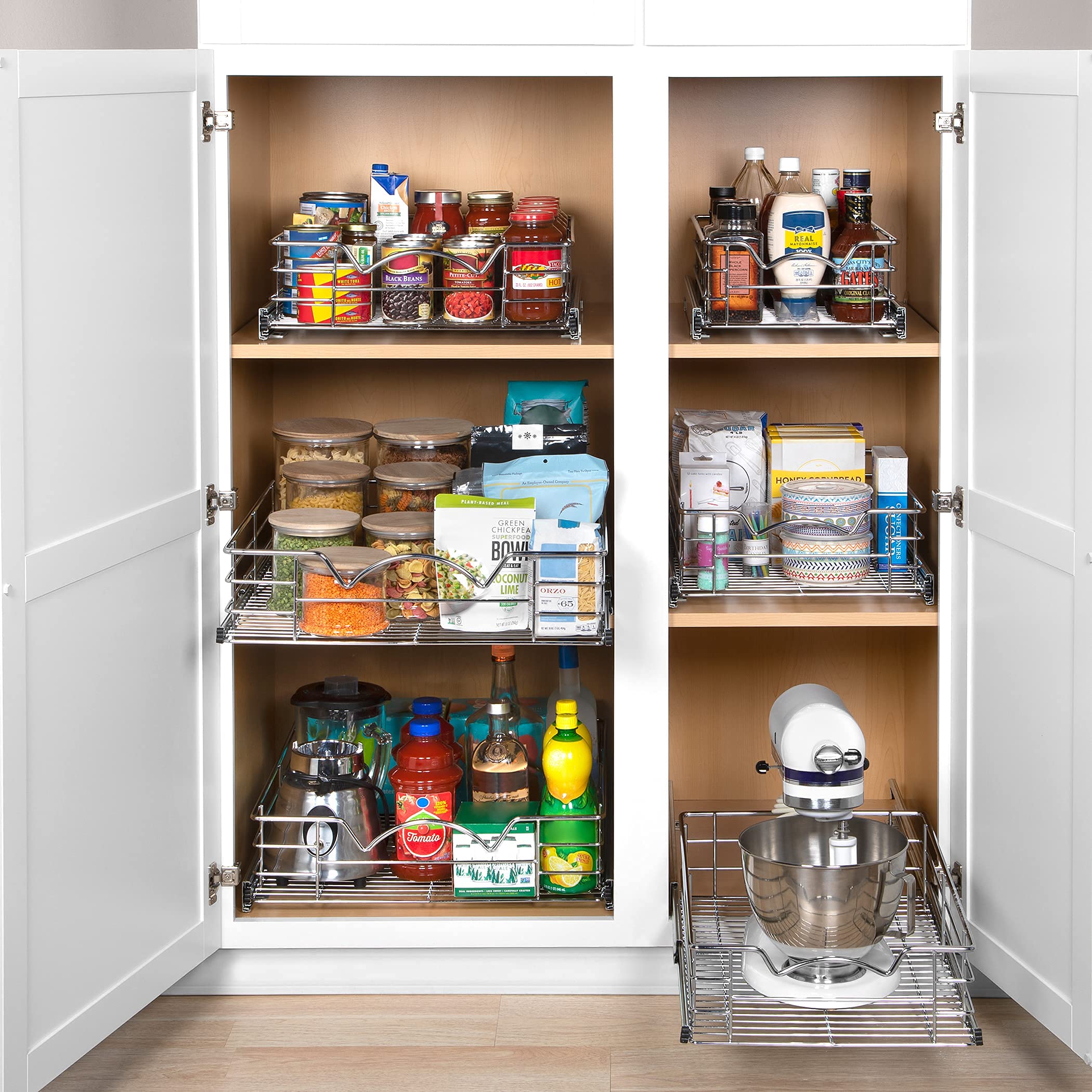 Pull Out Cabinet Organizer - Pantry Drawer Slide Out Caddy with Heavy Gauge Metal Wire, Anti-Rust Chrome Finish