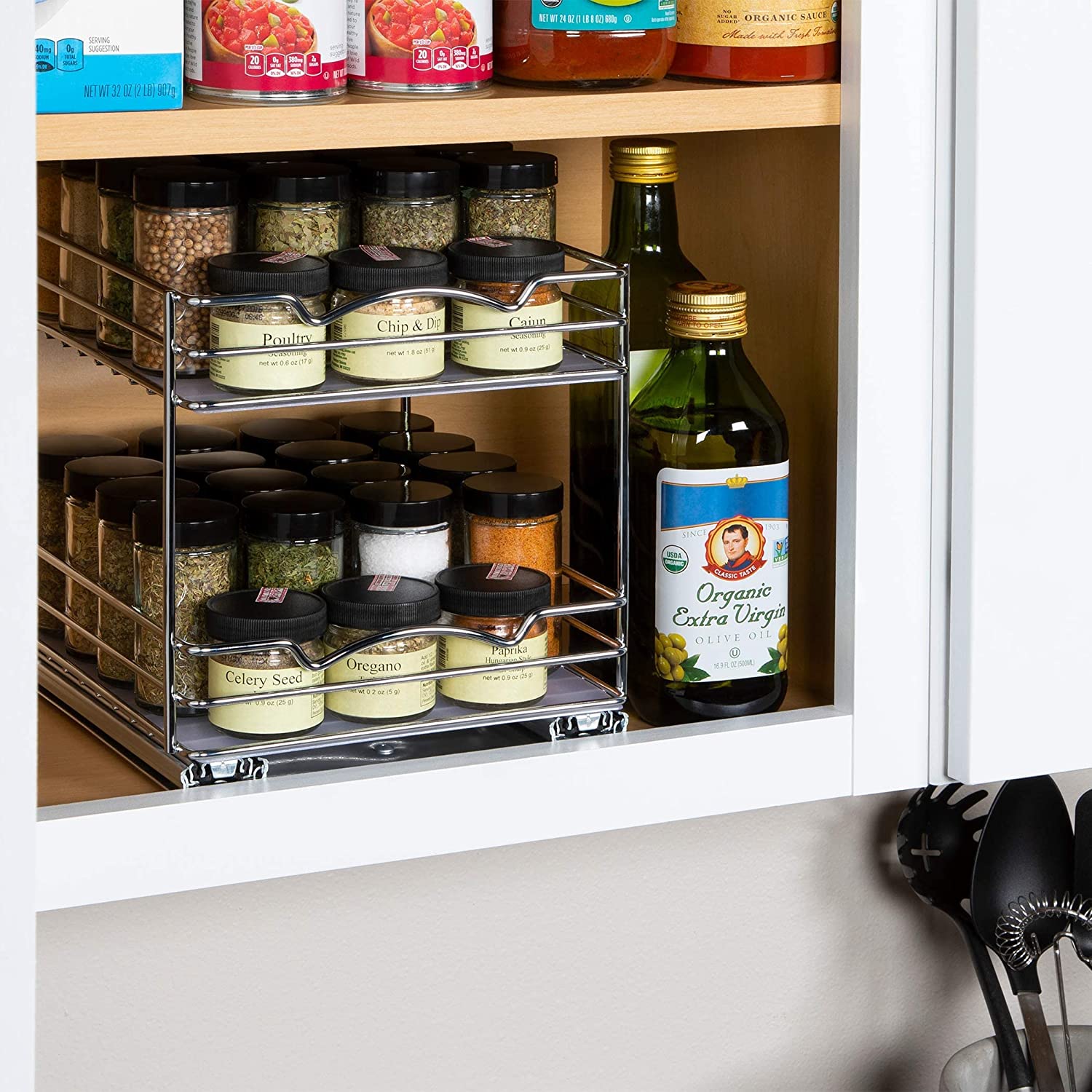 Pull Out Cabinet Organizer for Spices, Cans 2 Tier - Heavy Duty with Lifetime Limited Warranty
