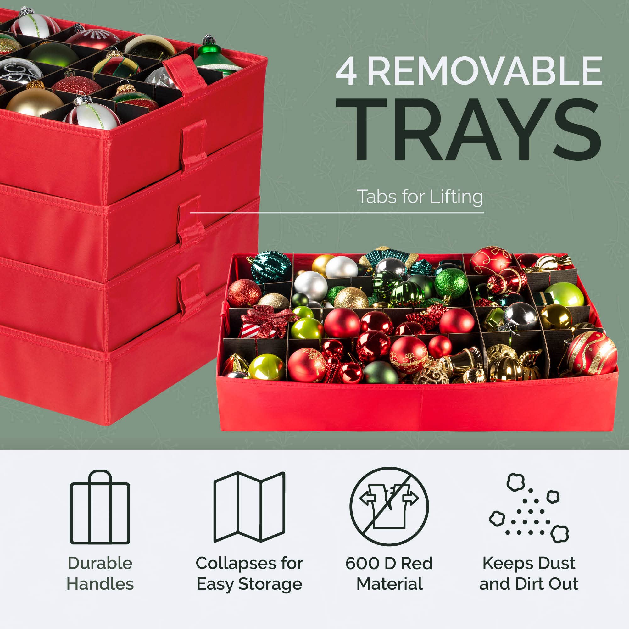 Christmas Ornament Storage Container - With Individual Trays -Heavy Duty 600D Tear Resistant Material, Zippered, Adjustable Dividers - Large