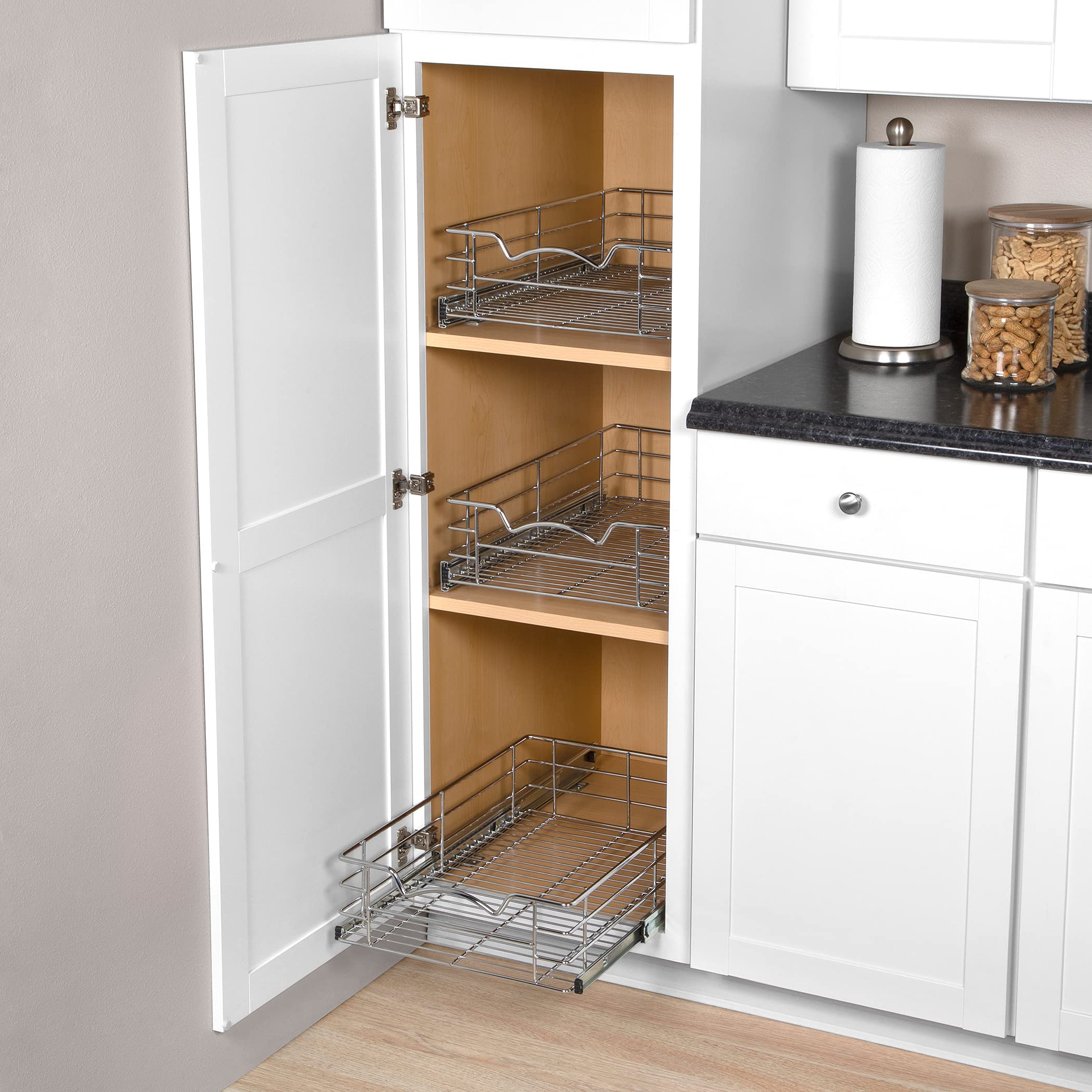 Cabinet Pull Out Shelves – 5” High Slide Out Cabinet Organizer Basket – Heavy Gauge Metal Wire - Pull Out Drawer for Kitchen Cabinets.