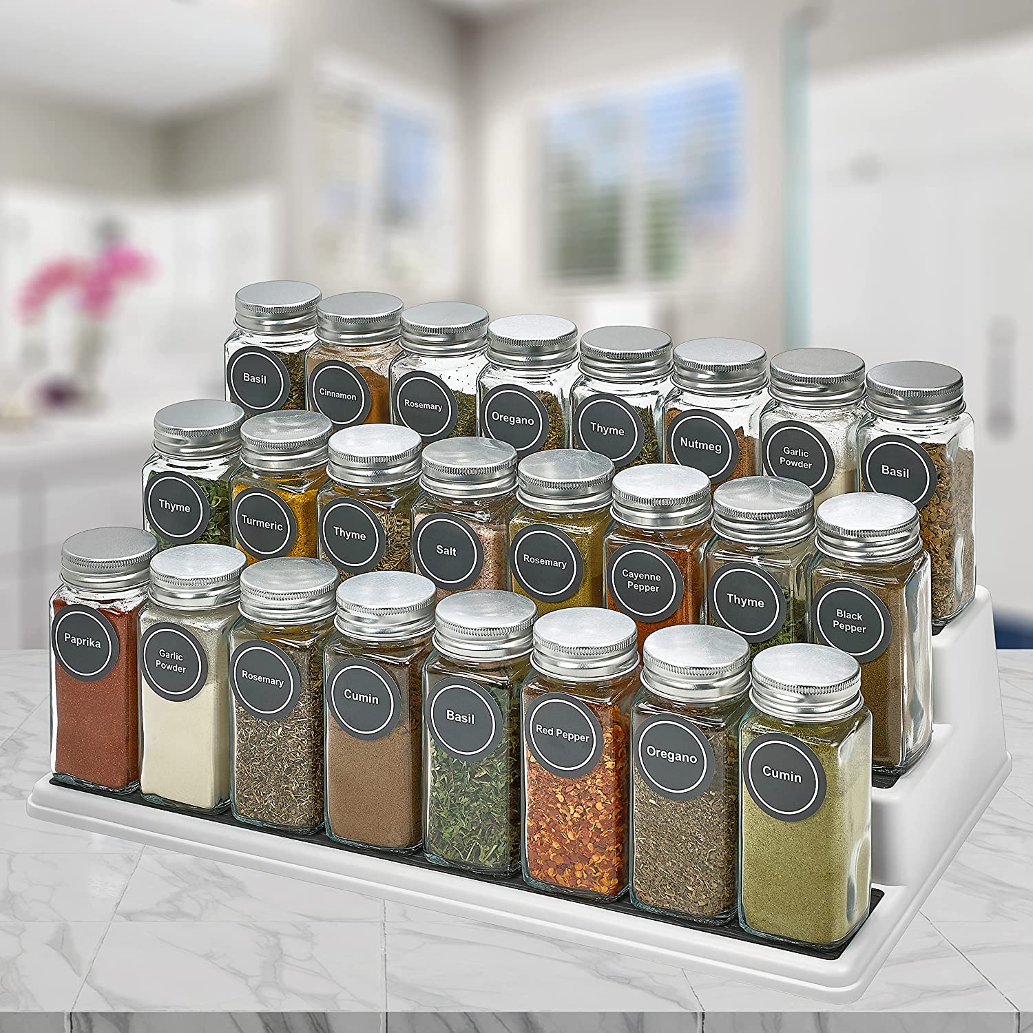 Spice Bottles Empty Glass with Labels 4 oz -  Spice Jars, Spice Container Shaker Lids, Airtight Metal Caps and Chalkboard/Clear PVC Seasoning Labels, Chalk Marker & Collapsible Funnel