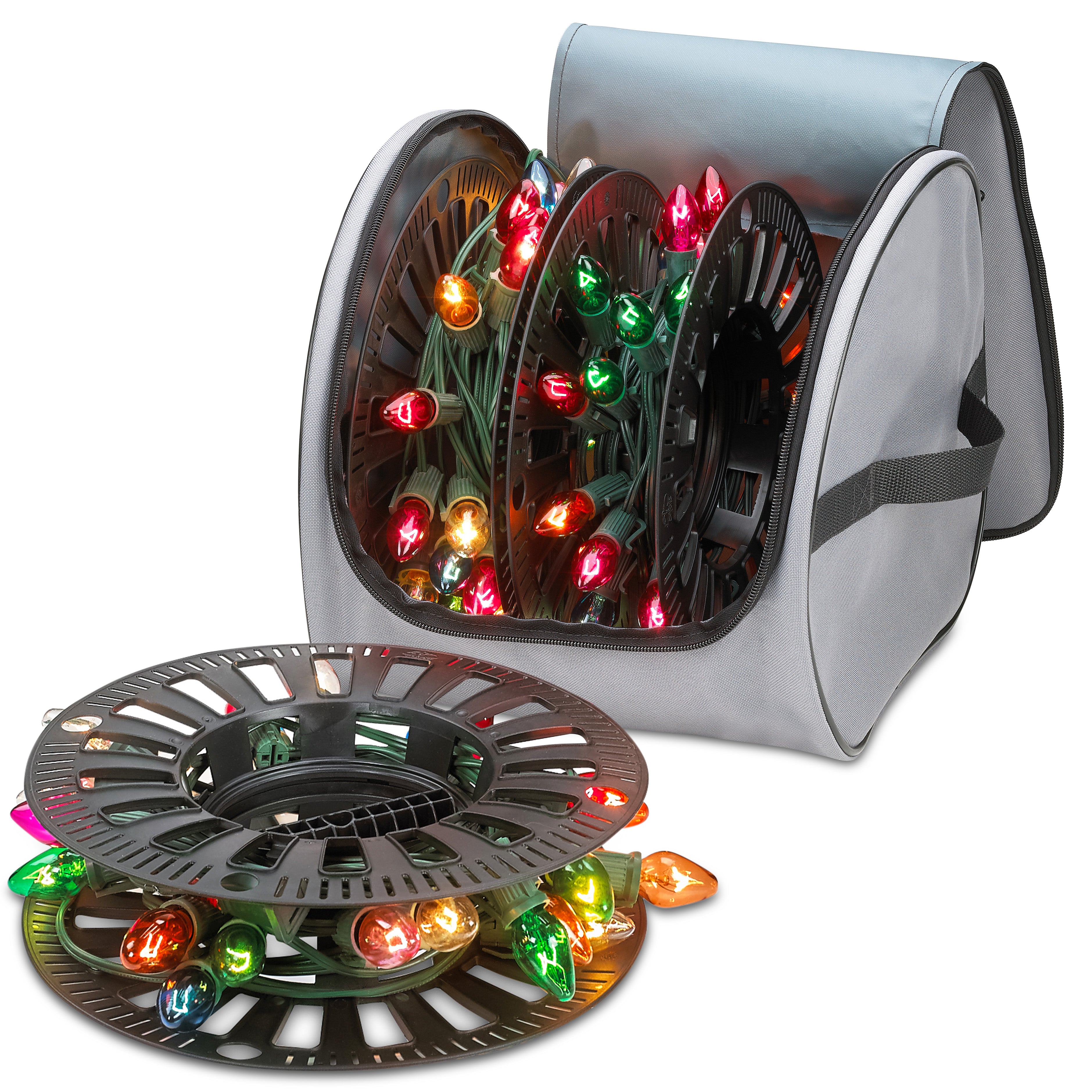 Premium Christmas Light Storage Bag – Heavy Duty Tear Proof 600D/Inside PVC Material with Reinforced Handles - With 3 Reels Stores up to 375 Ft of Mini Christmas Tree Lights & Extension Cords