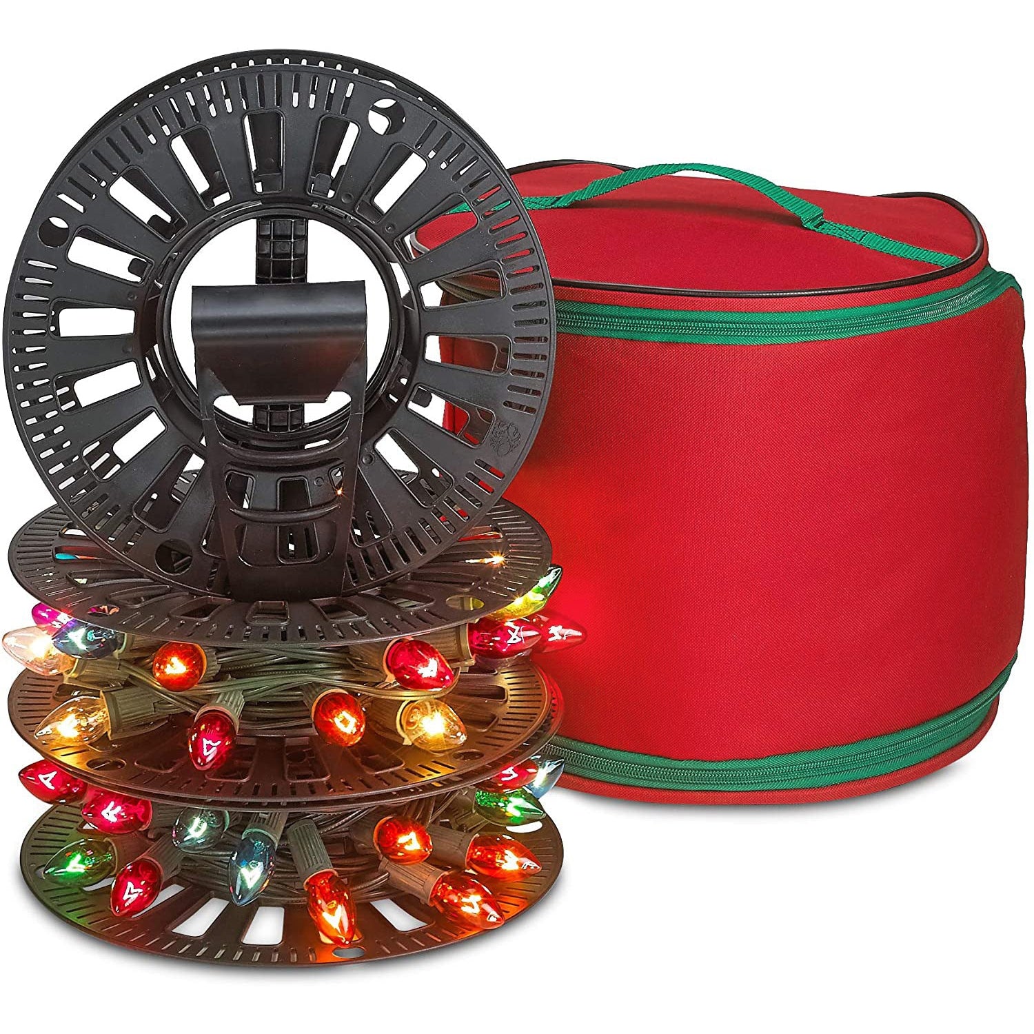 Premium Christmas Light Storage Bag – Heavy Duty Tear Proof 600D/Inside PVC Material with Reinforced Handles - With 3 Reels Stores up to 375 Ft of Mini Christmas Tree Lights & Extension Cords