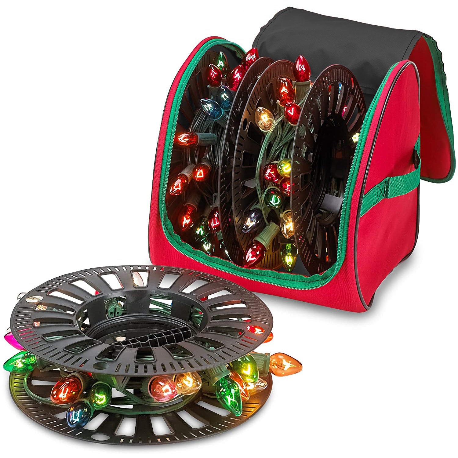Premium Christmas Light Storage Bag – Heavy Duty Tear Proof 600D/Inside PVC Material with Reinforced Handles - With 3 Reels Stores up to 375 Ft of Mini Christmas Tree Lights & Extension Cords