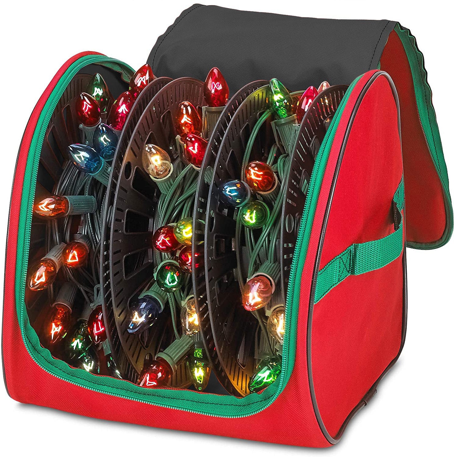 Premium Christmas Light Storage Bag – Heavy Duty Tear Proof 600D/Inside PVC Material with Reinforced Handles - With 3 Reels Stores up to 375 Ft of Mini Christmas Tree Lights & Extension Cords