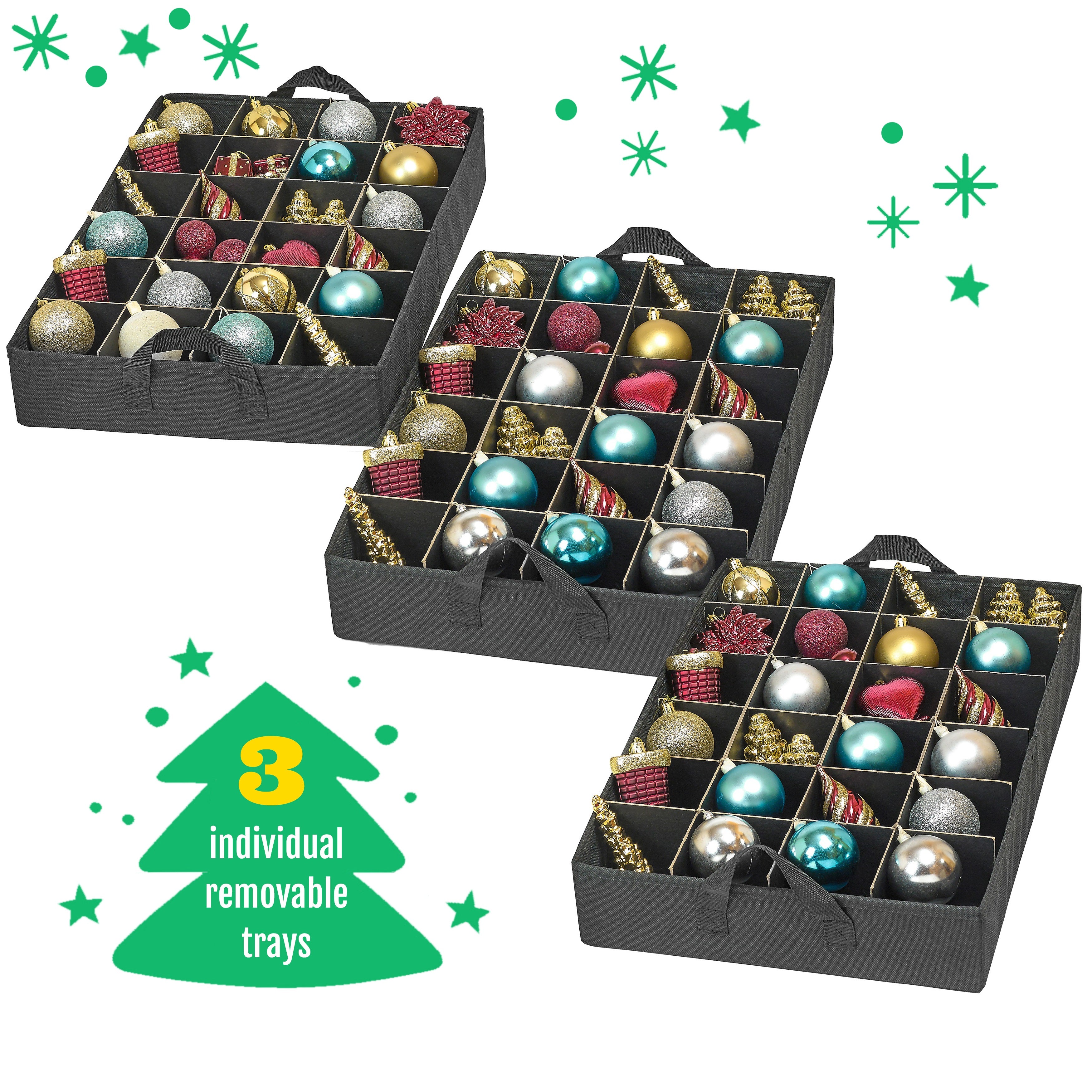 Christmas Ornament Storage Containers – Holds Up to 72- 4” ornaments Durable 600D Fabric - Adjustable Dividers - 3 Individual Trays – Metal Frame
